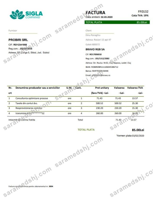 Romania SIGLA COMPANIEI utility bill template in Word and PDF format